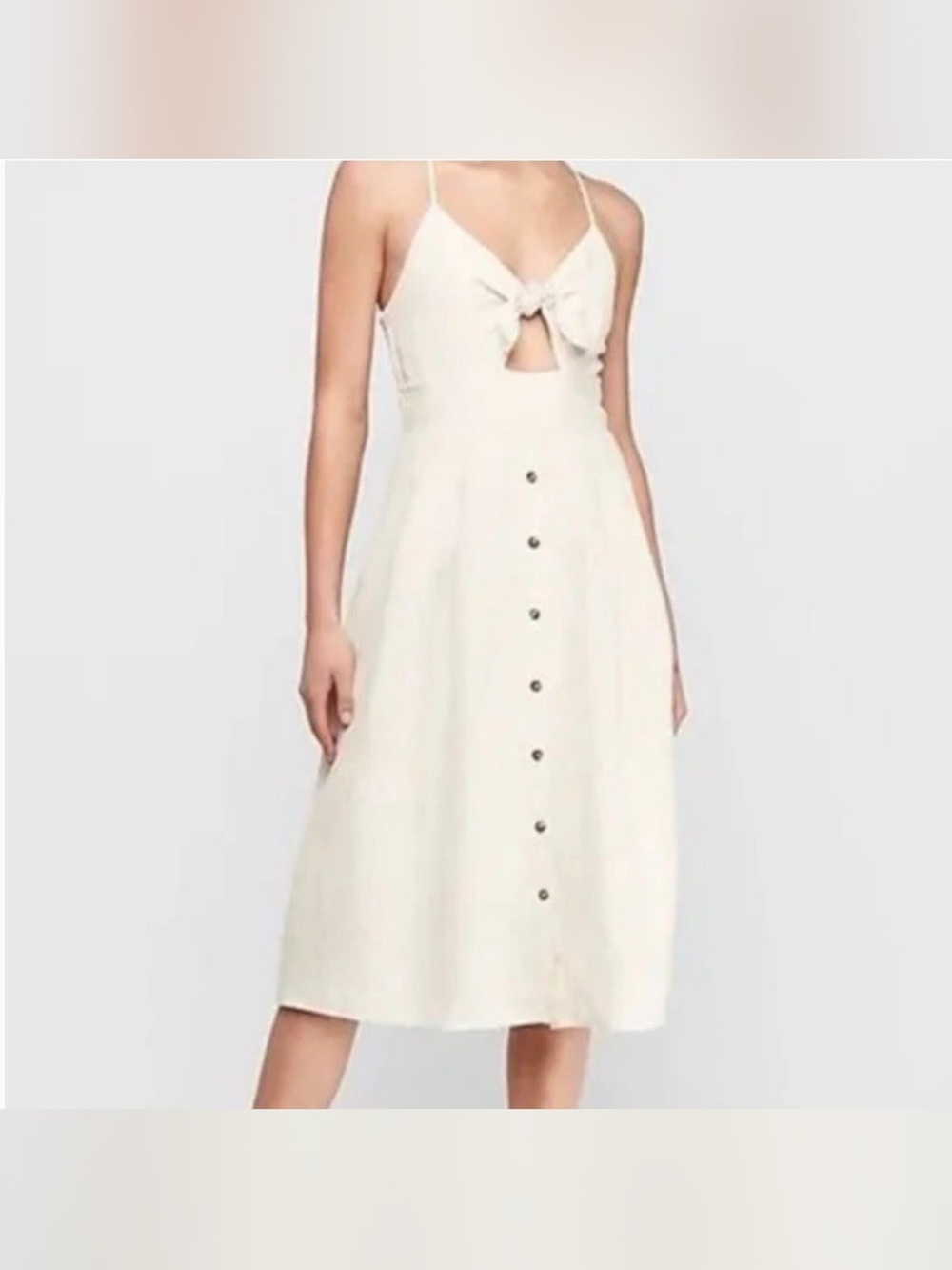 Astr the Label Cream Linen Midi Dress with Front Buttons and Bow